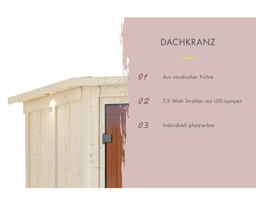 Elementsauna Karibu Achat I zonder oven, met dakkroon en volledig glazen deur van helder glas