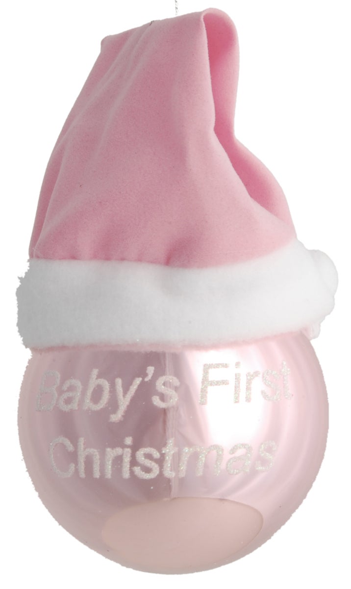Roze glazen bol van 8 cm met stoffen hoed, Baby's eerste Kerstmis voor meisjes, zonder datum, 1 st., Kerstboomballen, Kerstboomversieringen, Kerstboomornamenten