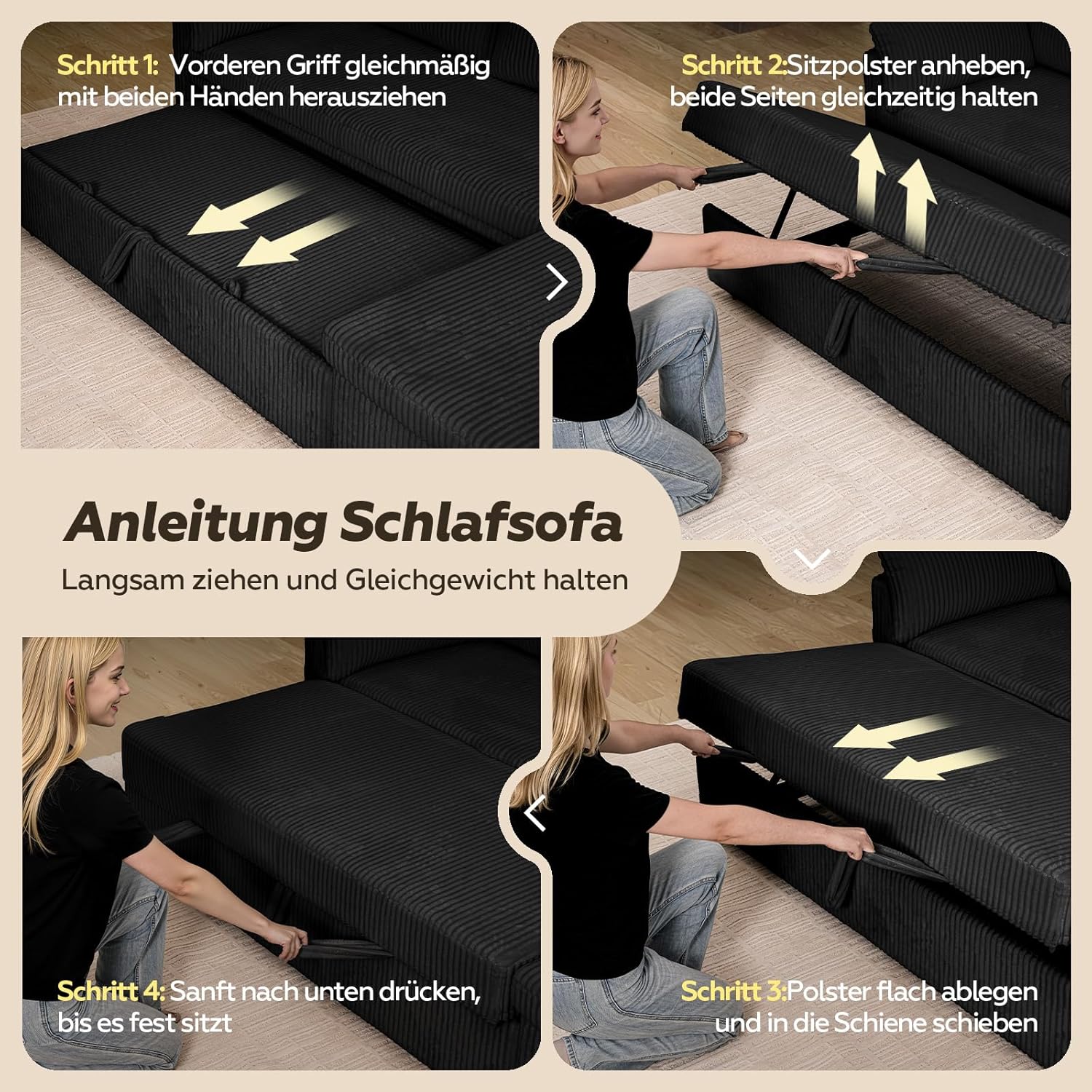 Ecksofa mit Schlaffunktion, Cord-Bezug Schlafcouch in L-Form, Schlafsofa Ausziehbar, Ausziehbares Sofa mit Stauraum, Umkehrbare Chaiselongue (Links & rechts), Schwarz