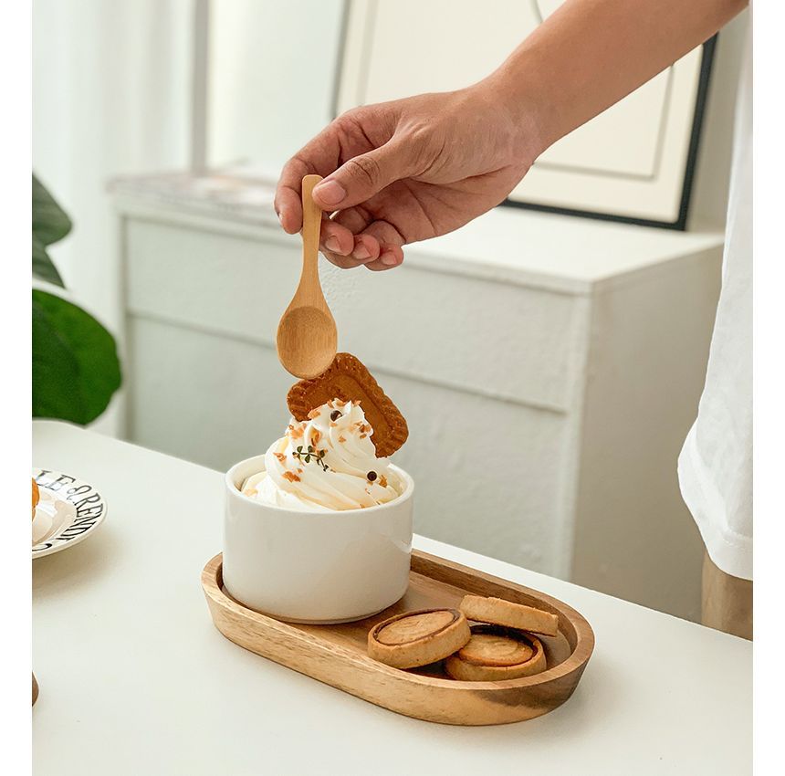 Hashi - Eenvoudige keramische dessertkom / houten lepel / houten dienblad / set (verschillende ontwerpen)