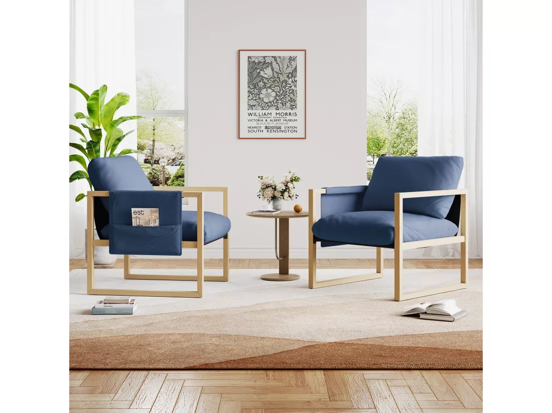 Fauteuil rembourré avec pied bois massif, avec Assise Épais, pour Salon et Chambre, tissu sherpa - 79x68x83CM - Bleu