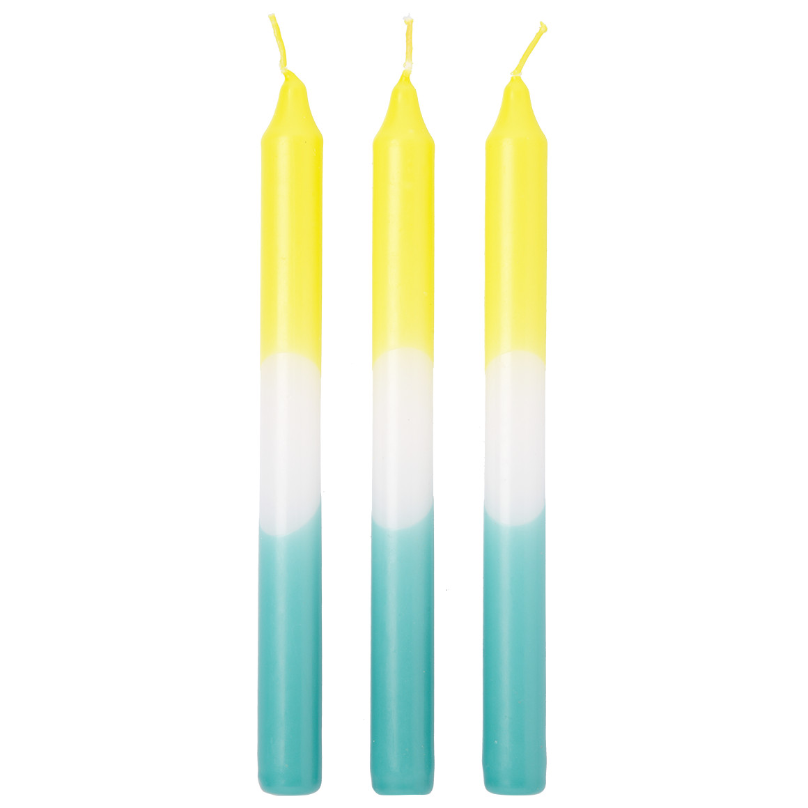 3 Stabkerzen mit  farbigem Muster gelb / weiss / dunkelblau