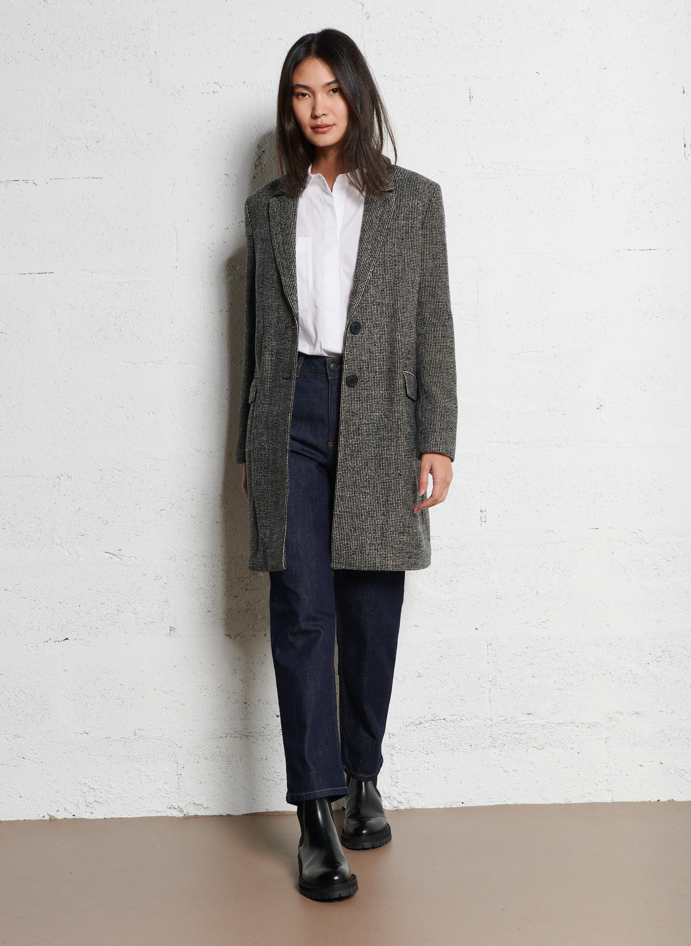 Manteau col tailleur en laine mélangée | Noir