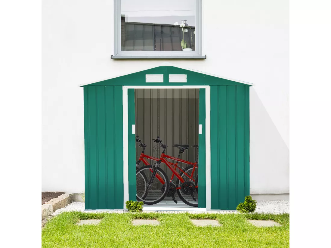 Abri de jardin - remise pour outils - cabanon porte verrouillable - dim. 213L x 130l x 185H cm - tôle d'acier vert