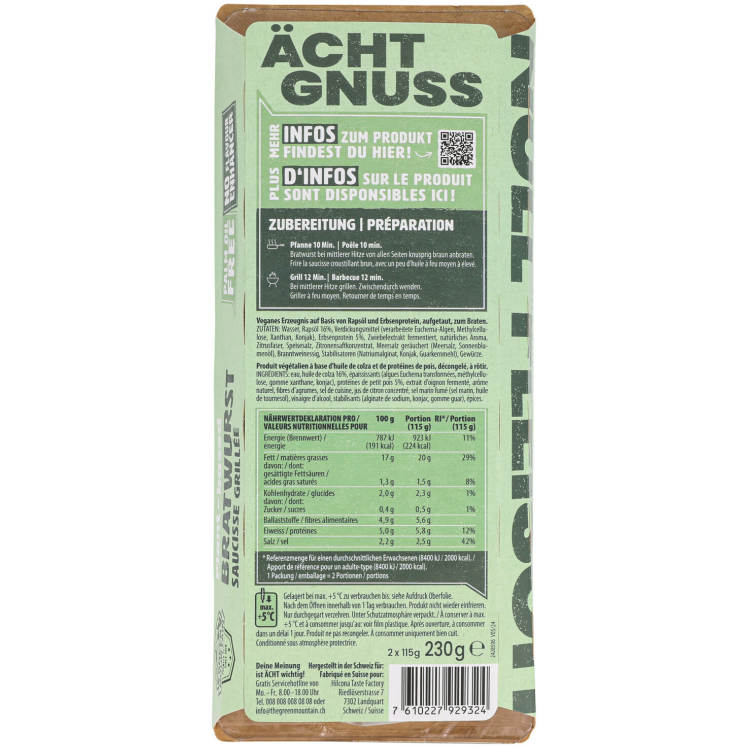 The Green Mountain plant-based vegane Alternative zu Bratwurst -