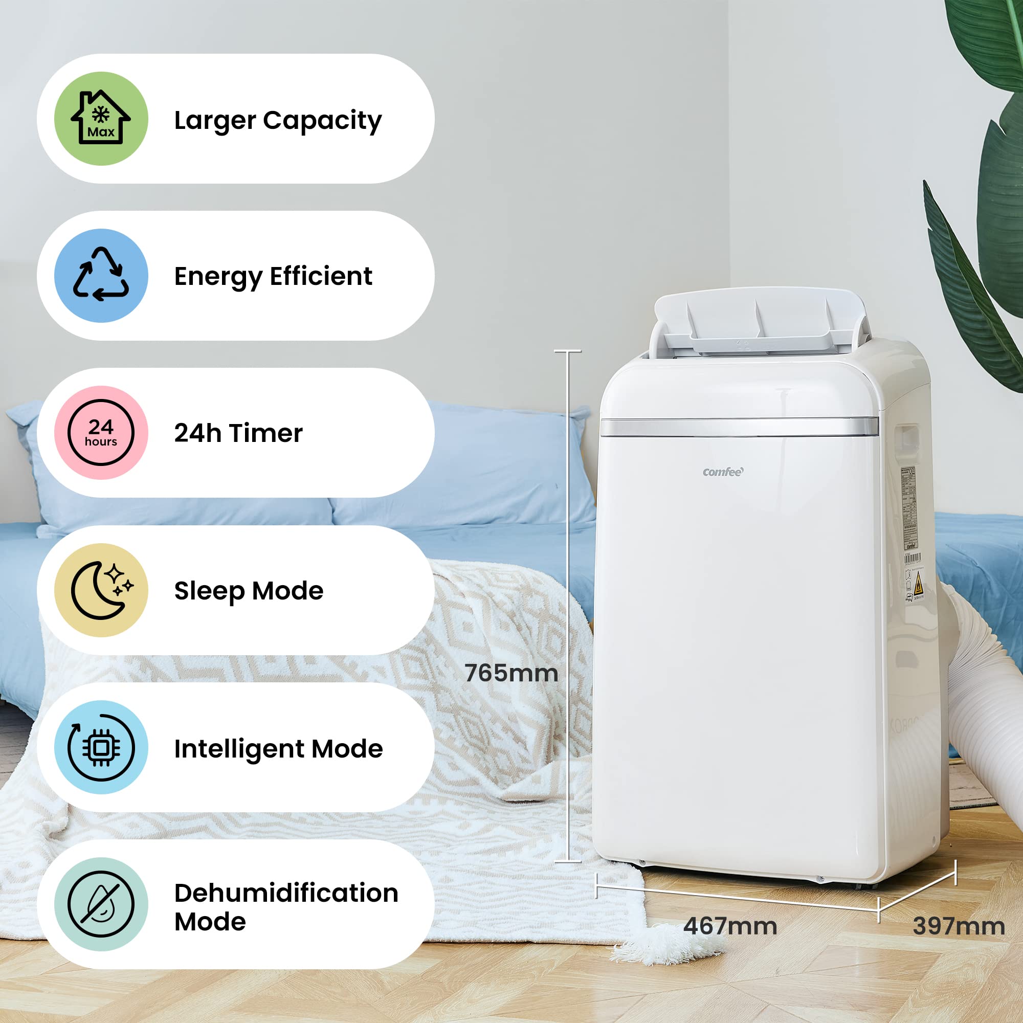 COMFEE' Climatiseur Mobile 12000 BTU/H 3,5 kW, 3 Modes, Fonction Follow Me, Télécommande, pour grandes pièces de 43㎡/117m³, Kit d'évacution inclus, Ré