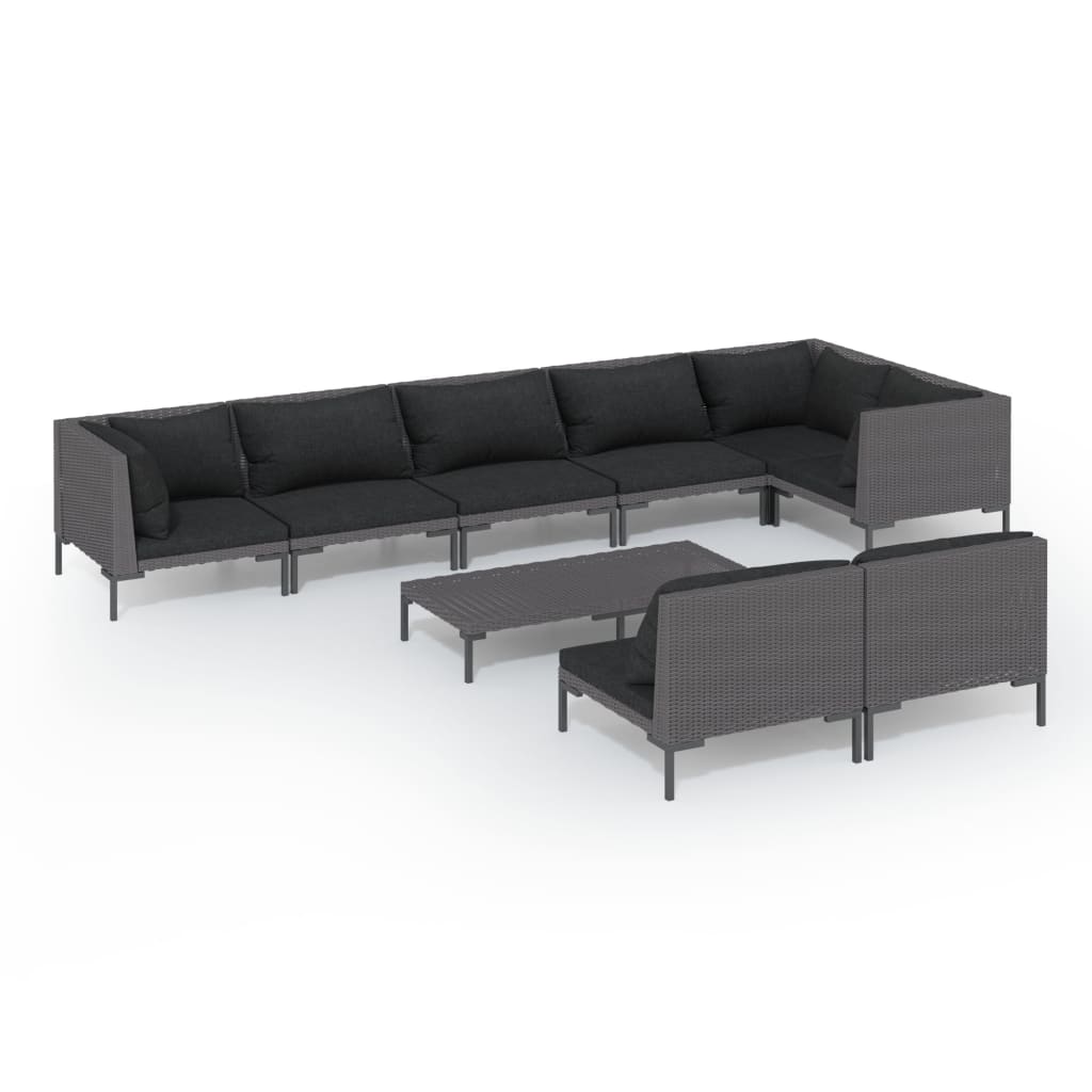 Salon de jardin meuble d'extérieur ensemble de mobilier 9 pièces avec coussins résine tressée gris foncé