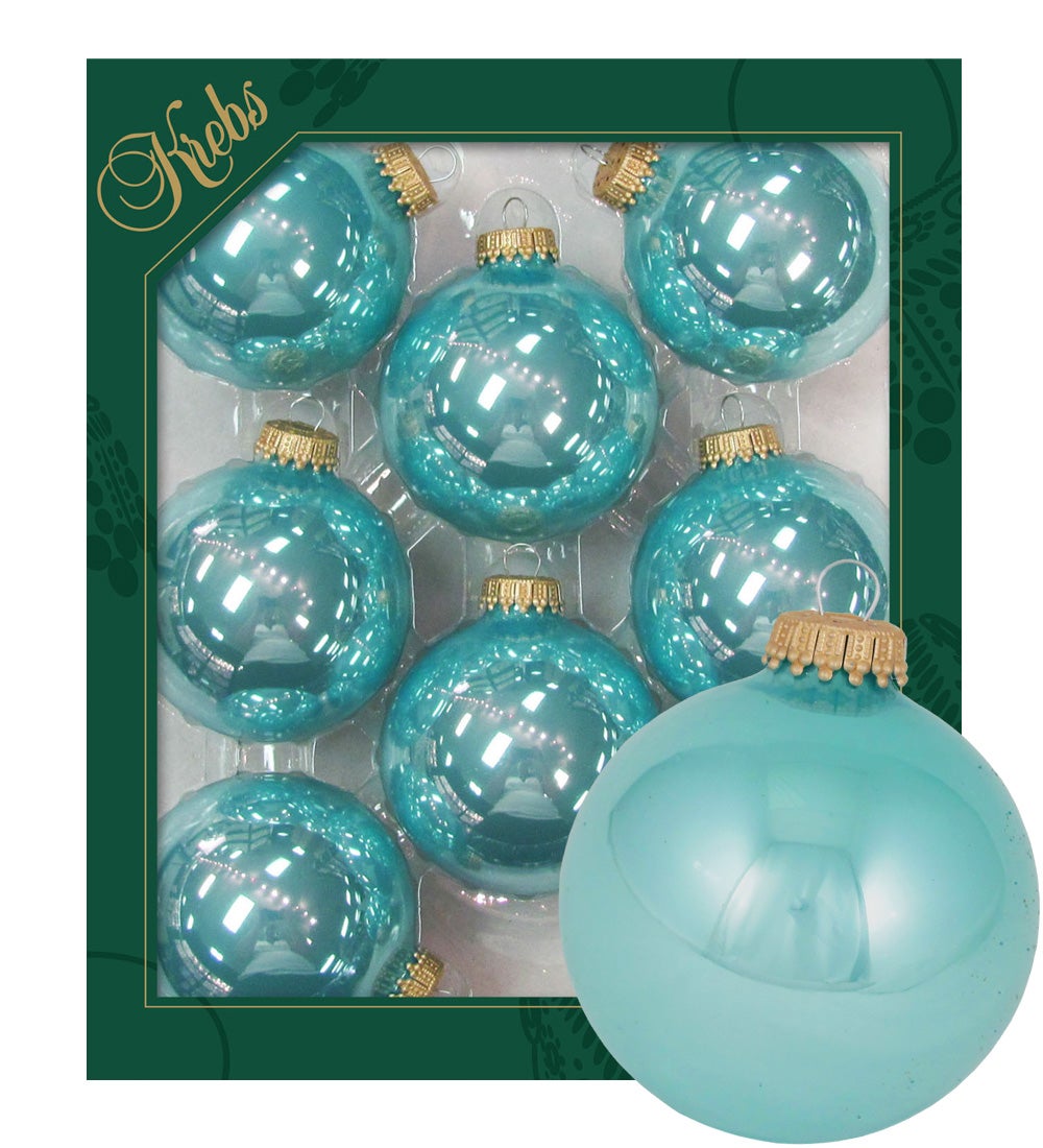 Aquamarijn glanzende 7cm glazen ballen, effen, 8 stuks, Kerstboomballen, Kerstboomversiering, Kerstboomornamenten