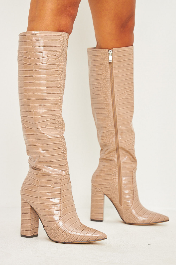 Bottes beige foncé laquées effet croco talon bloc