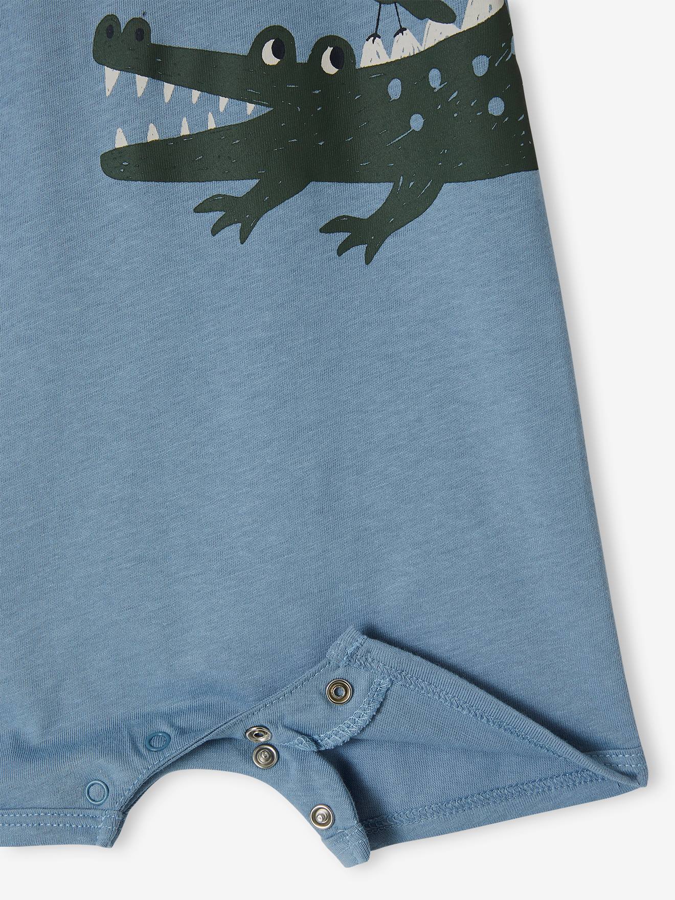 Macacão curto com estampa de bichinho de pelúcia para bebê, azul claro