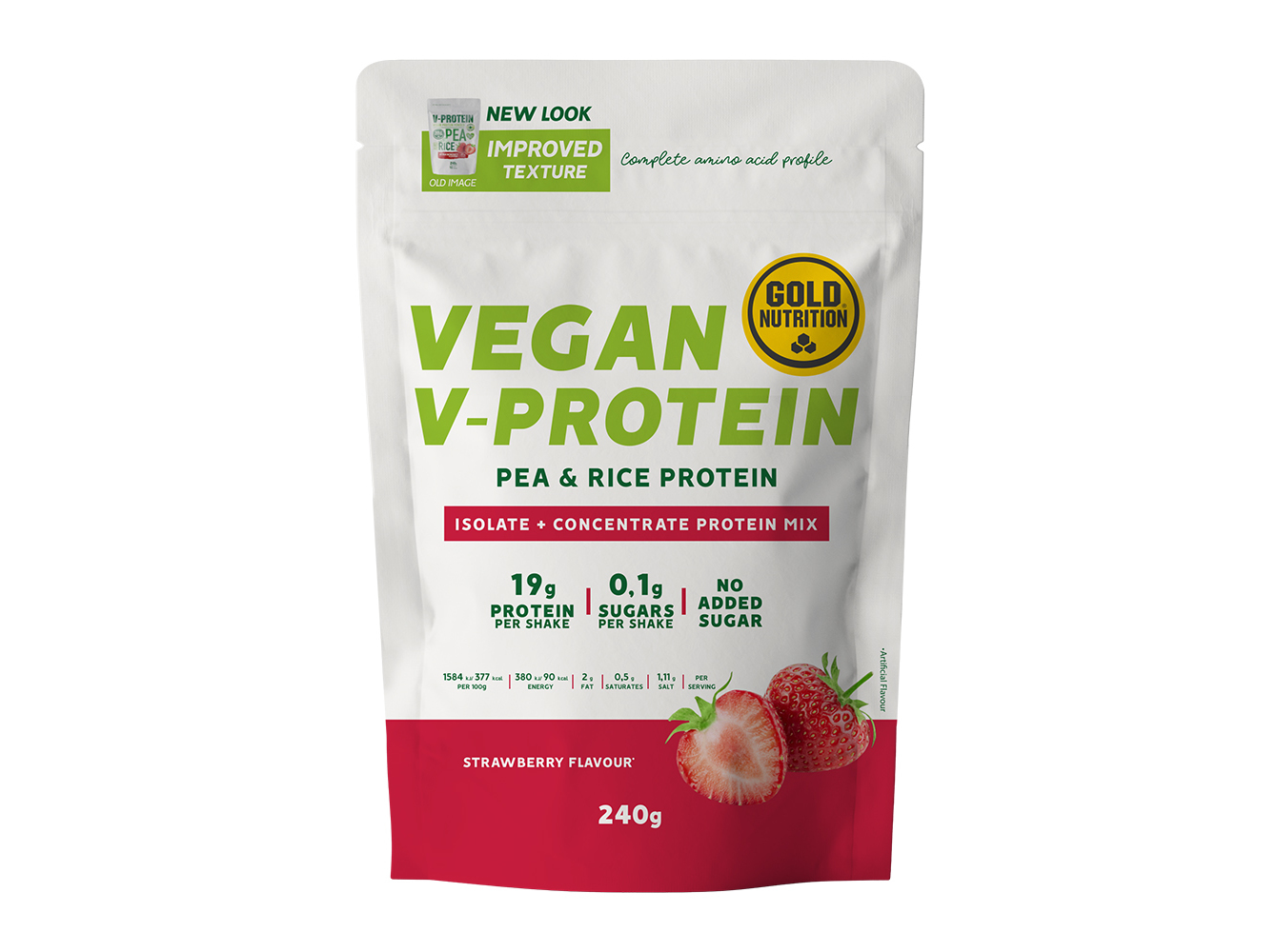 PROTEÍNA GOLDNUTRITION V-PROTEIN VEGETAL MORANGO 240G
