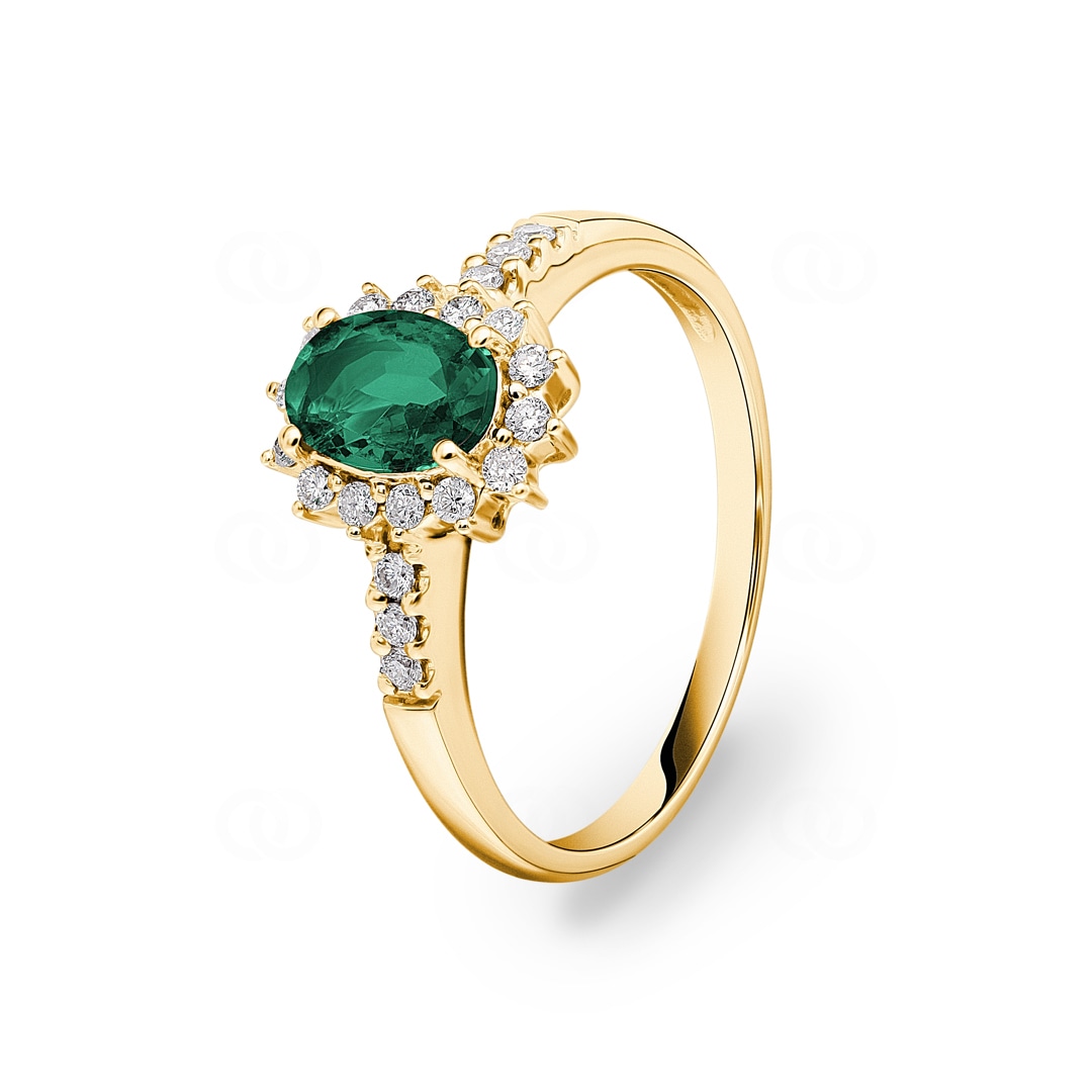 Entourage Ring 750/18 K Gelbgold mit Smaragd & Diamanten 0.19 ct H/si