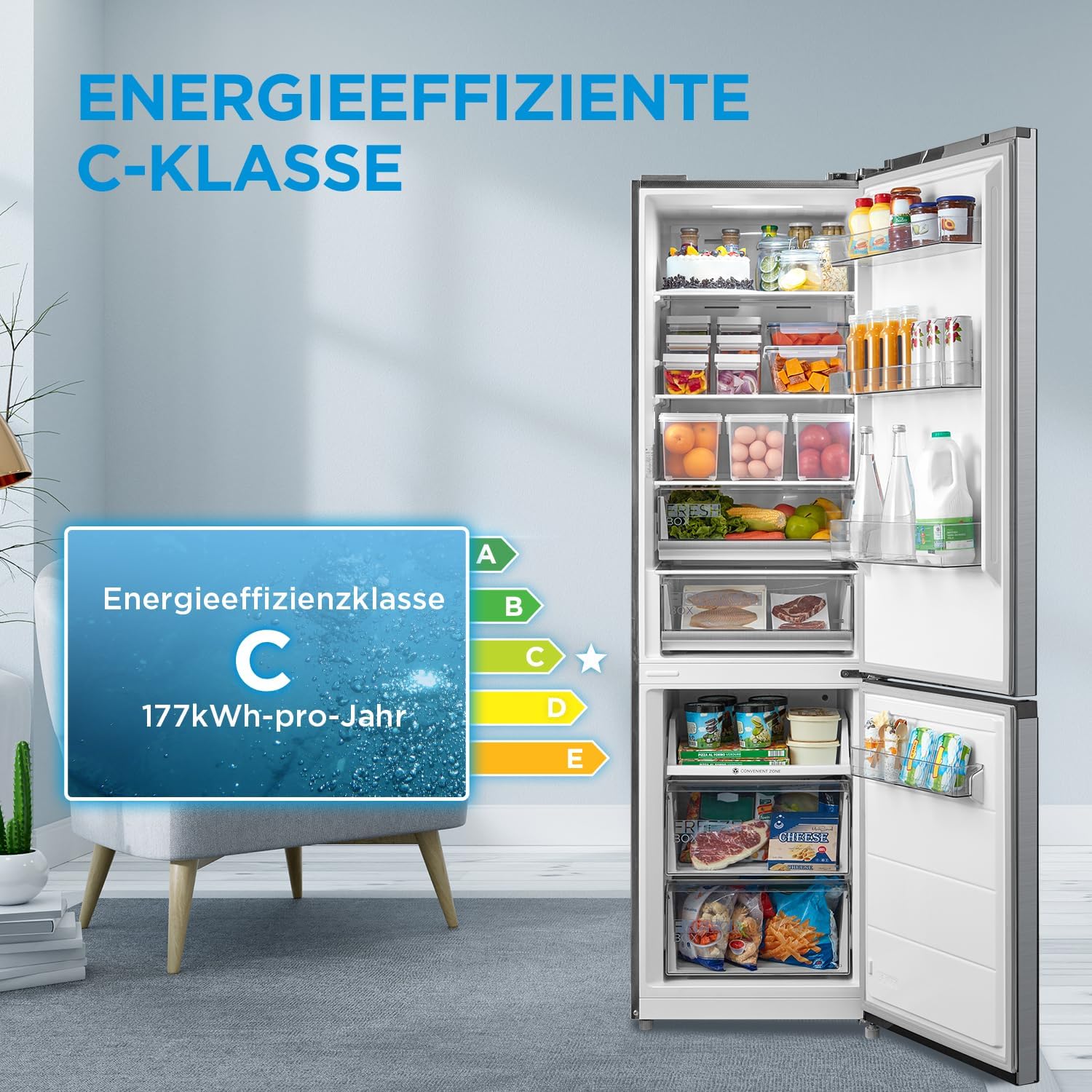 Midea MDRB521MIC46A Kühl-/Gefrierkombination/No Frost/WiFi-Steuerung/Inverter Kompressor/201 cm hoch / 59,5 cm breit /70 cm tiefe/177 kWh/Jahr/256 L Kühlteil/122 L Gefrierteil, Front Inox