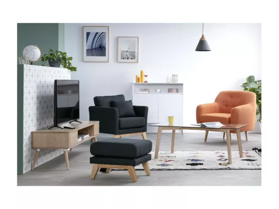 Pouf repose-pieds déhoussable scandinave en tissu bleu canard et bois clair OSLO