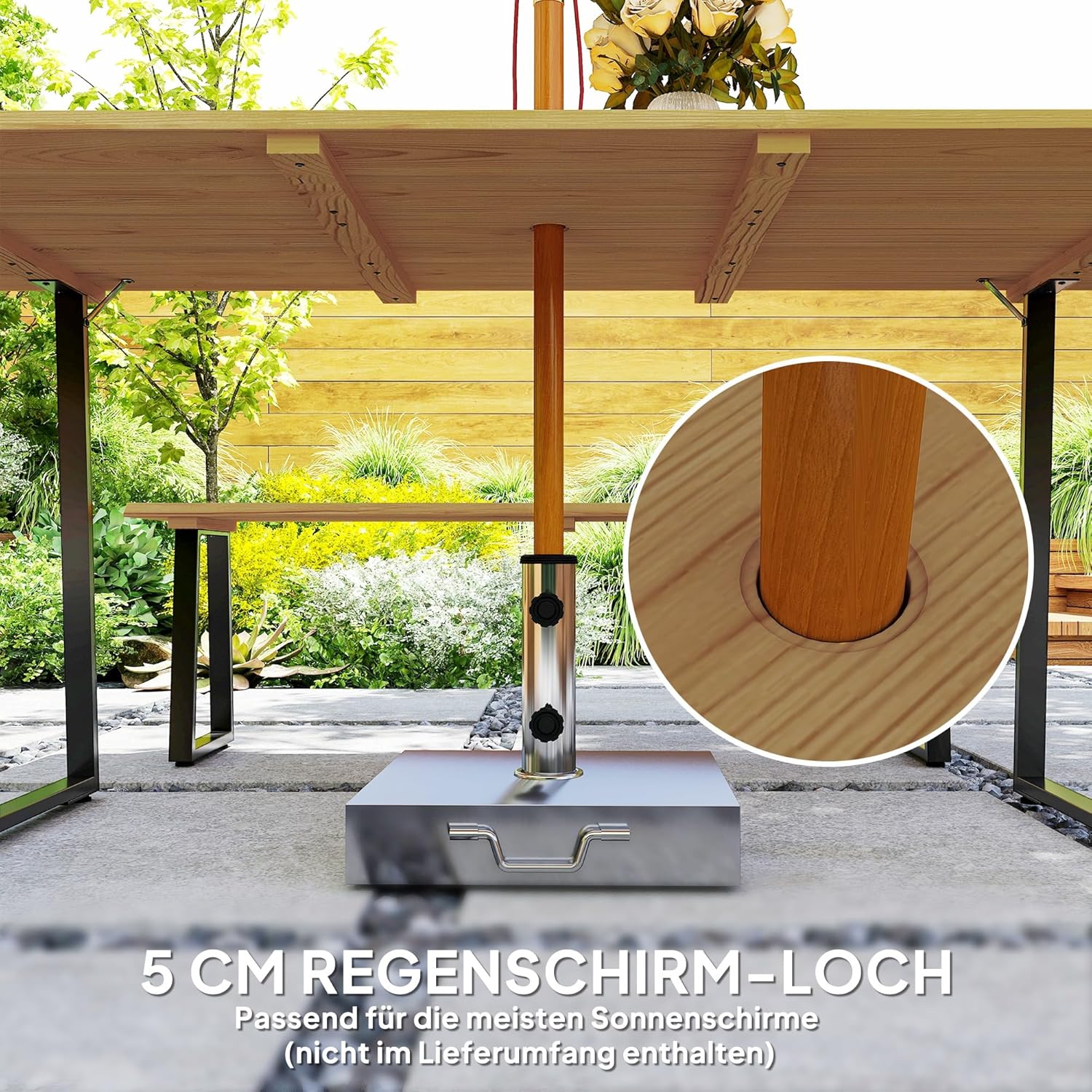 Outsunny Sitzgruppe 3-teilig Holz Essgruppe für 6 Personen Esstisch mit 2 Bänke Schirmloch Esszimmergruppe mit Holztisch Küchentisch-Set Balkonmöbel Gartenmöbel für Terrasse, Balkon Naturholz