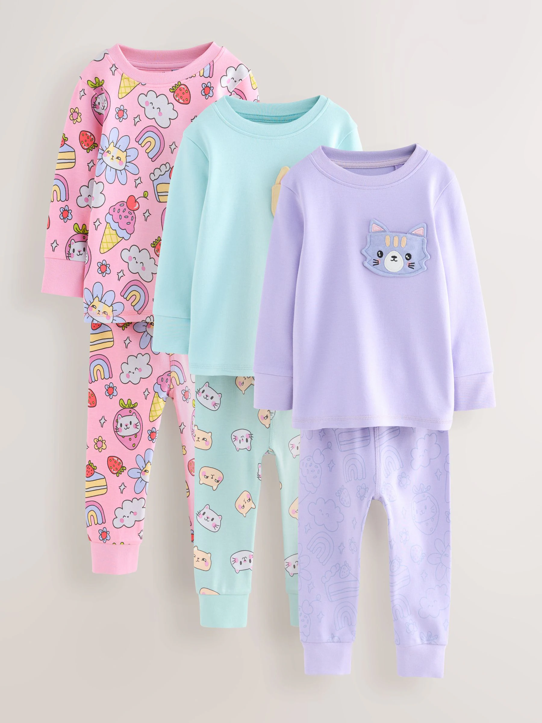 Paarse kattenprint - Verpakking van 3 knusse pyjama's (9 mnd-10 jr)