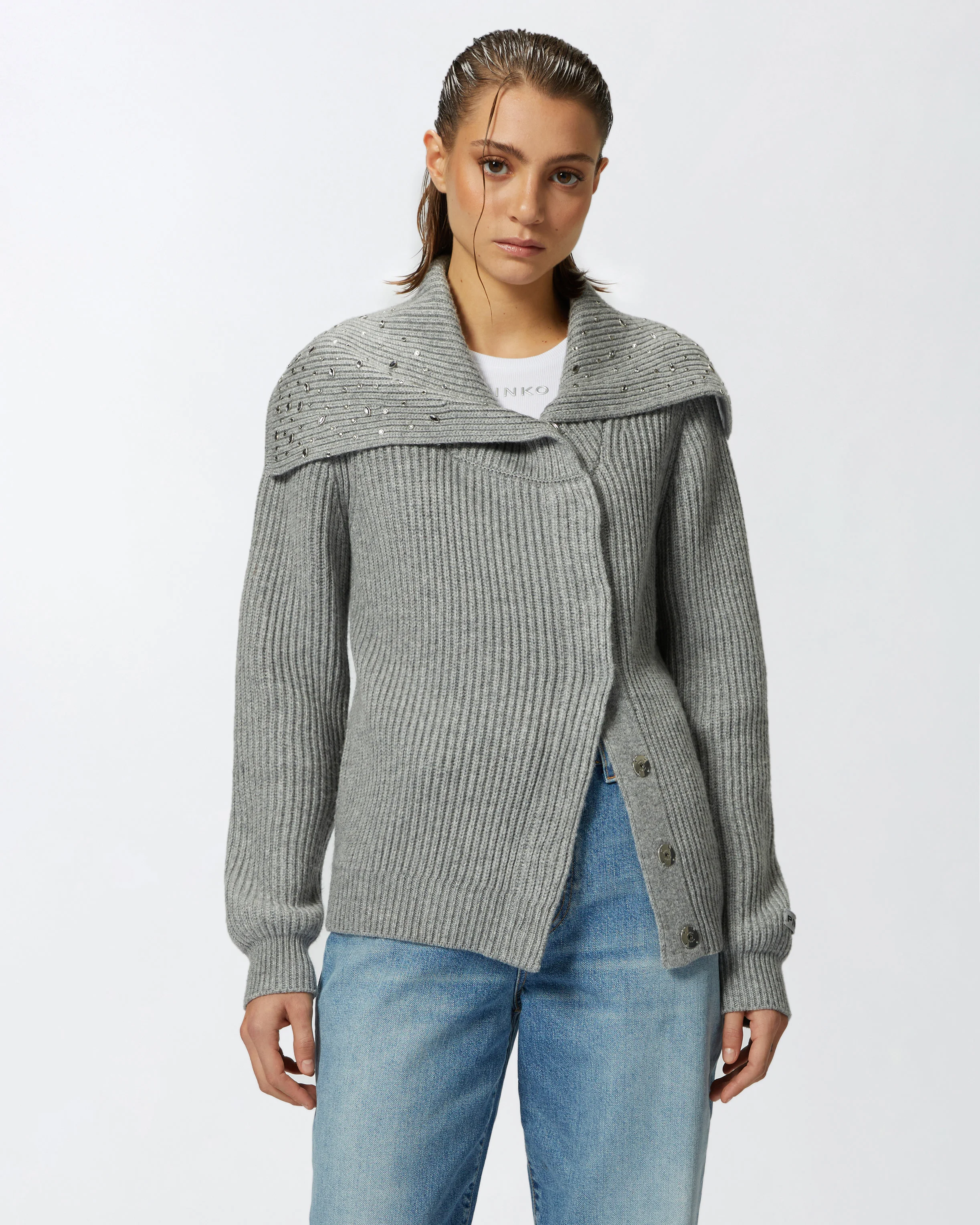 Cashmere-blend turtleneck cardigan with crystals | Argent