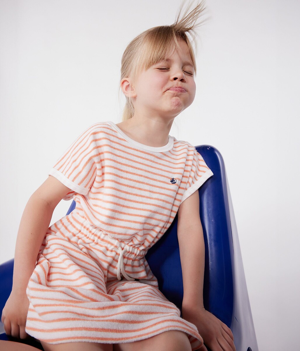 PETIT BATEAU<br>Vestido listrado de algodão com mangas curtas em tecido atoalhado