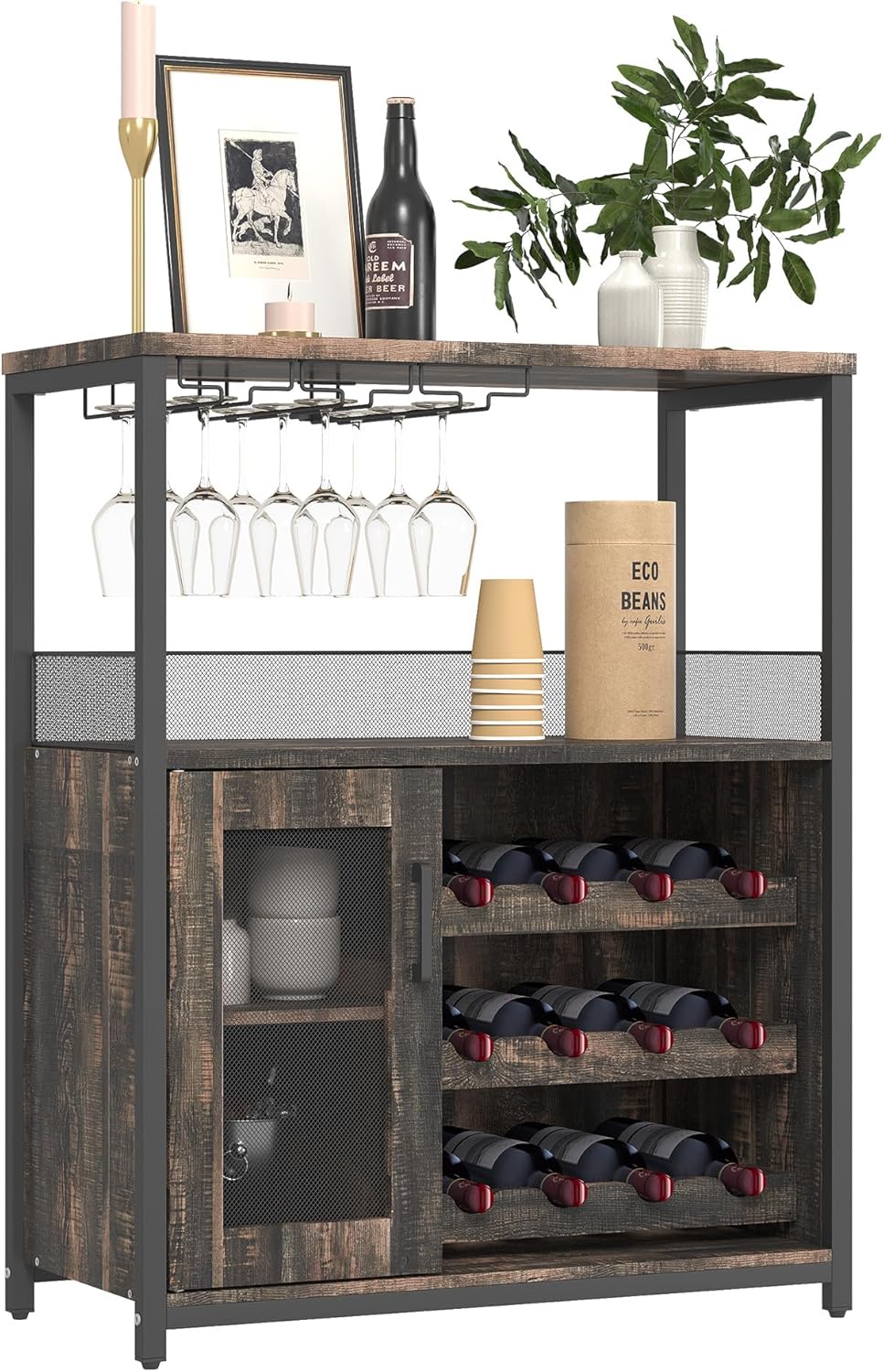 Garvee Weinschrank Weinregal Industrial Barschrank mit Verstellbarem Weinregal und Glashalter Getränkeaufbewahrung Weinbarschrank für Küche Esszimmer Wohnzimmer 70x35x92 cm Dunkelgrau