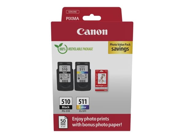 Canon PG-510/CL-511 Photo Paper Value Pack - 2-pack - svart, farge (cyan, magenta, gul) - original - hengeboks - blekkpatron/papirsett - for PIXMA iP