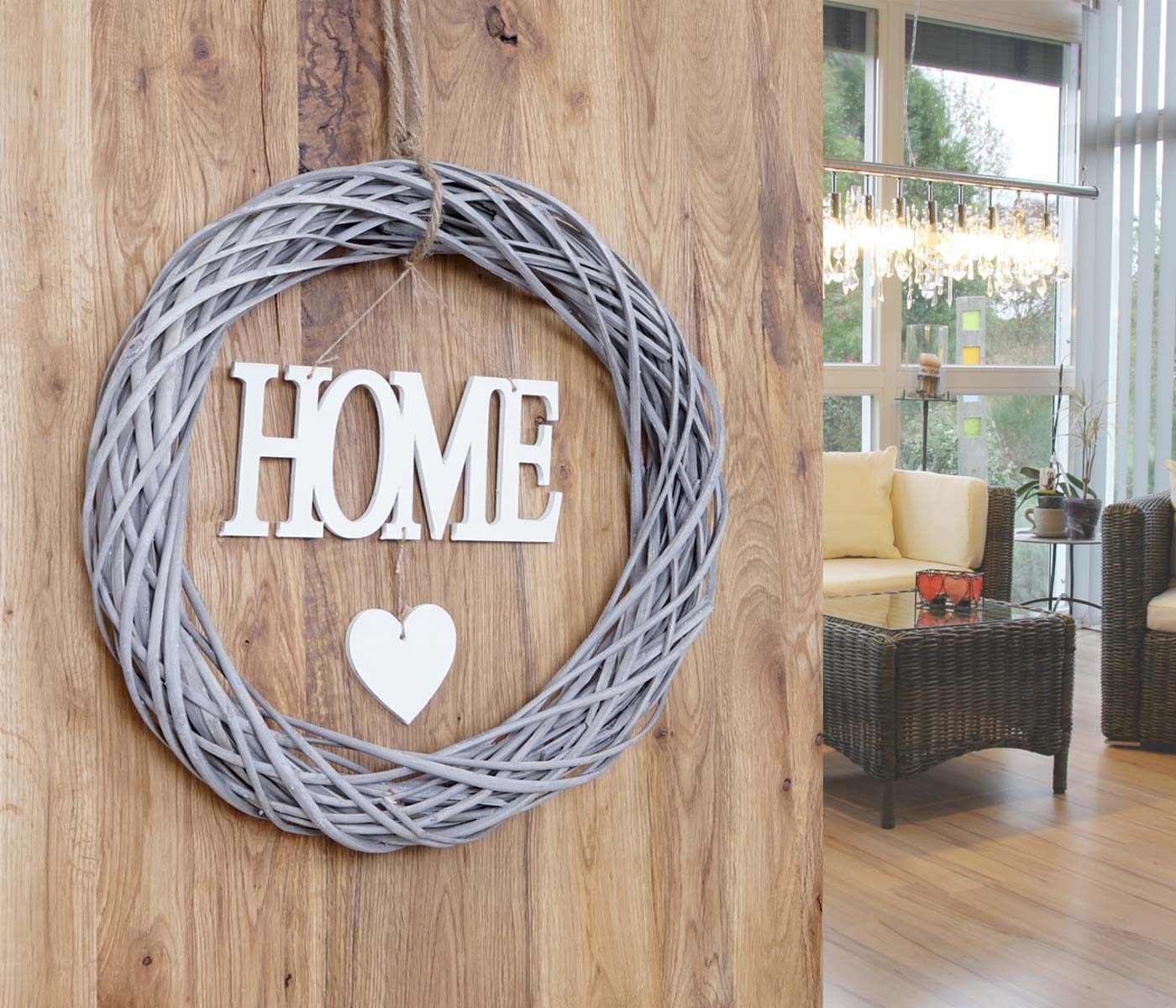 Dekokranz Home rund, Türkranz Wandkranz Kranz, Holz Ø 40cm weiß-grau