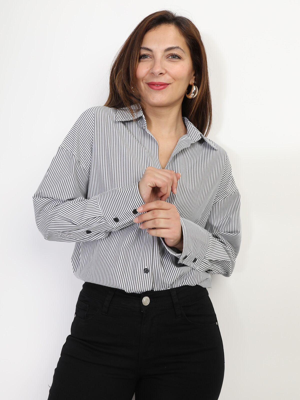 Chemise oversize à fines rayures- Noir