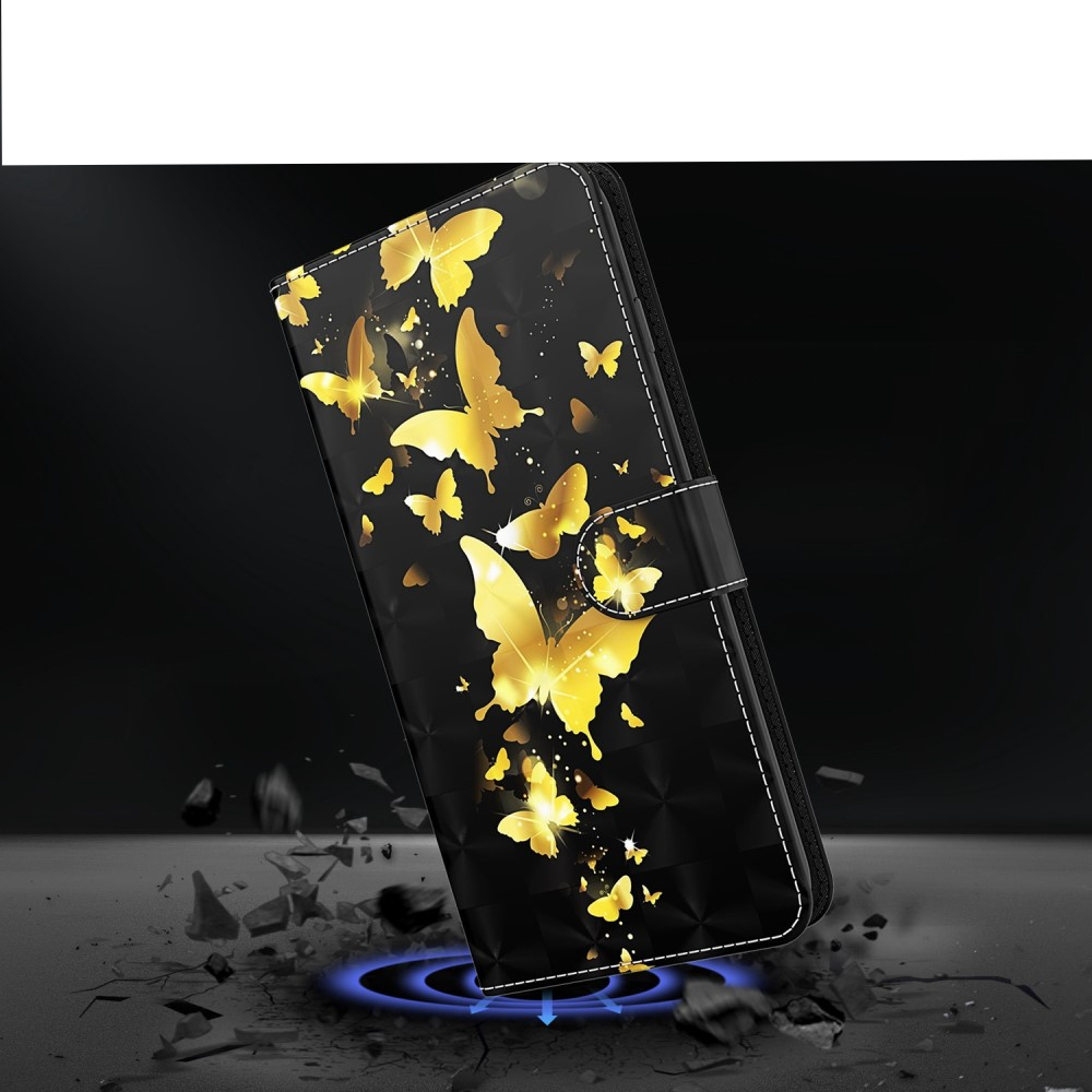 iPhone 14 Leder Tasche mit Kartenfach   Handschlaufe - Schmetterling (Schwarz / Gold)