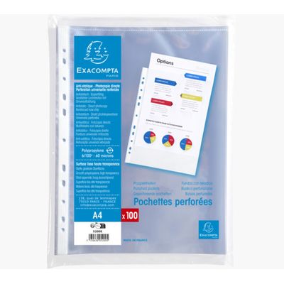 Exacompta - 100 Pochettes perforées - A4 - PP lisses - cristal 6/100E