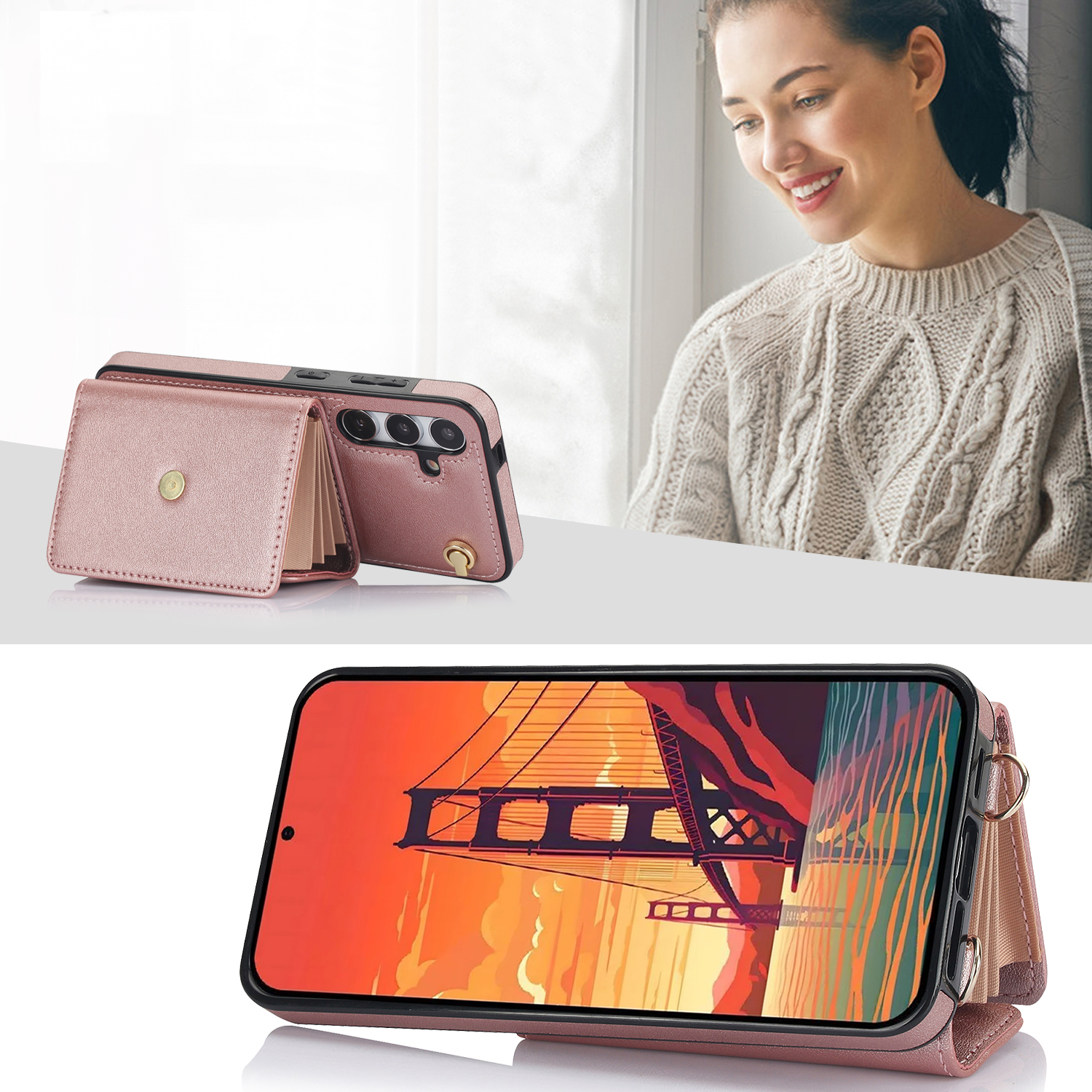 Samsung Galaxy S24 Necklace Leder Schutz Hülle mit Kartenfach   Handykette (140cm) - Roségold
