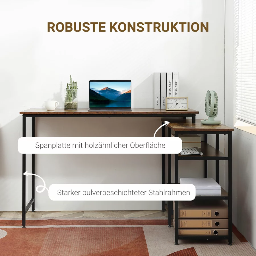 HOMCOM Schreibtisch Platzsparend, L-Form, Langlebig Braun, Schwarz