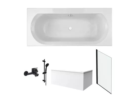 Pack baignoire droite 180 x 80 JACOB DELAFON Elise + tablier angle + pommeau et mitigeur bain noir Aimé + pare bain noir + vidage