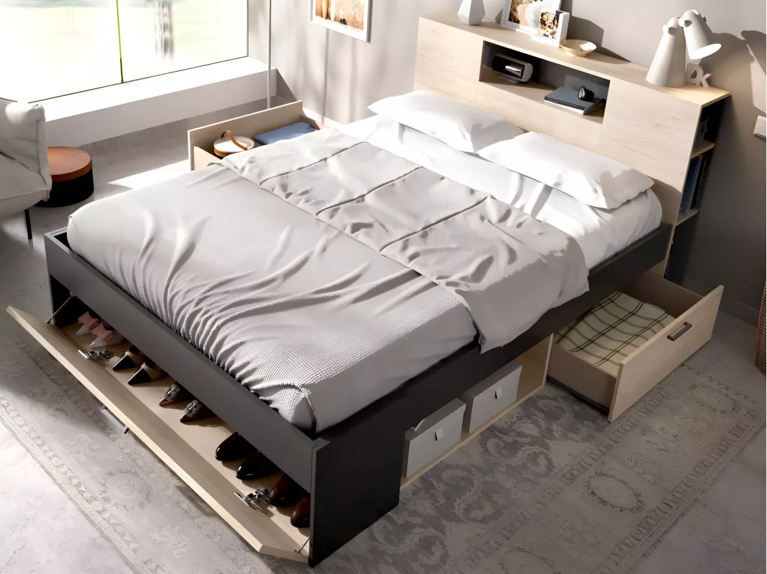 Lit avec tête de lit rangements et tiroirs - 140 x 190 cm - Coloris : Naturel et anthracite - LEANDRE
