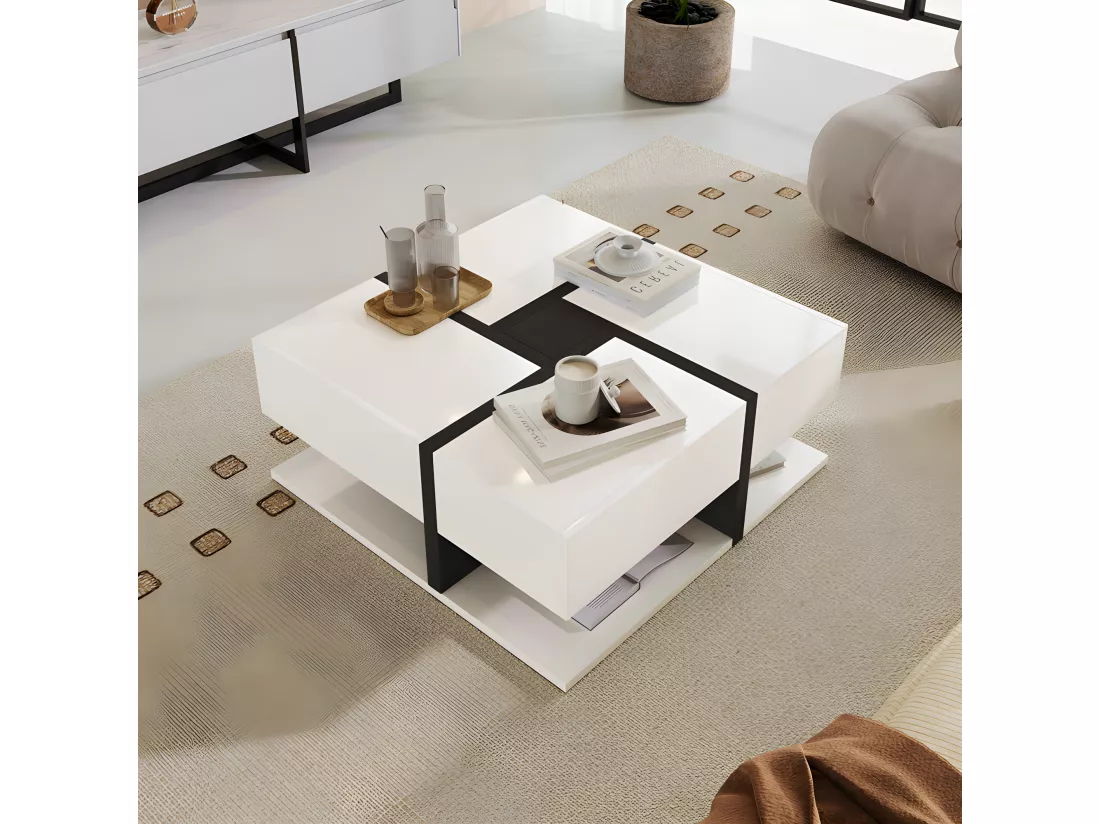 Table basse - 4 tiroirs - espace de rangement en bas - 78x78x36cm - Blanc & Noir