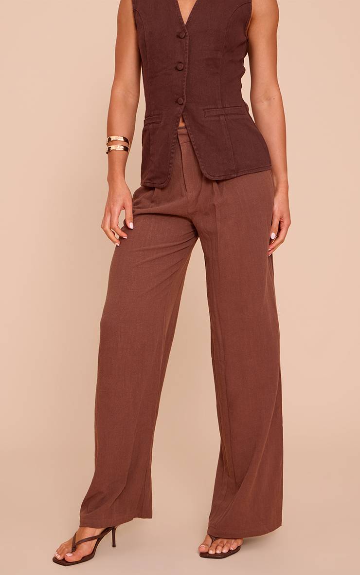 Dark Chocolate Pantalon Droit Tailleur Aspect Lin Coupe Tall