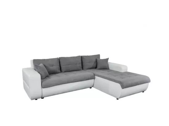Canapé d'Angle Droit 4 places Suzie Convertible en Simili et Microfibre - Blanc et Gris - L246 x 188 x 80cm - Loungitude