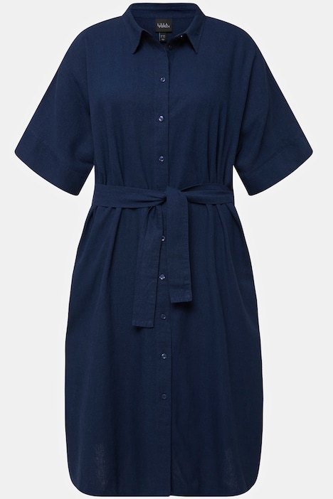 Midikleid, Leinenmix, Hemdkragen, Gürtel, Halbarm