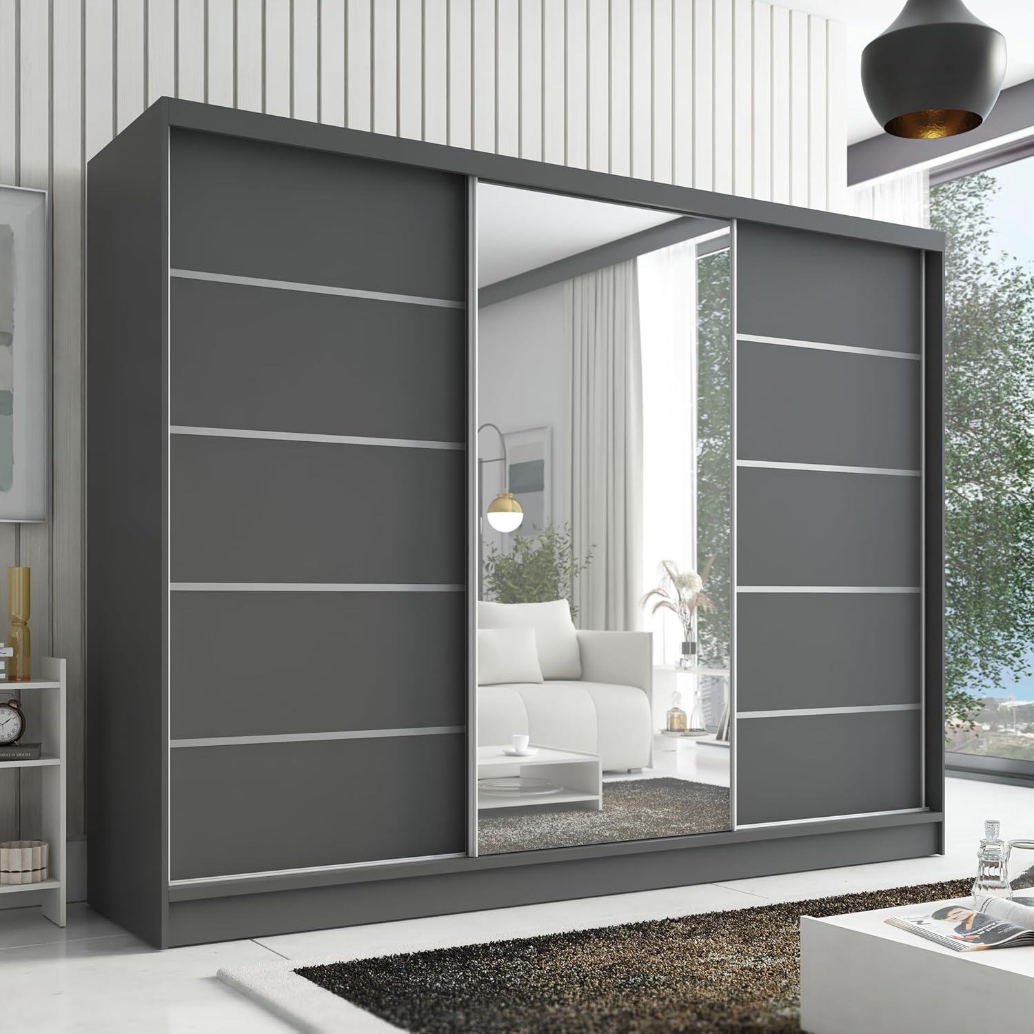 A&J MöbelLand Kleiderschrank Aurelia 1 – Schwebetürenschrank 200 cm breit mit Spiegel, 3-türig, Kleiderschrank mit Schubladen, Schiebetürenschrank für Schlafzimmer oder Garderobe