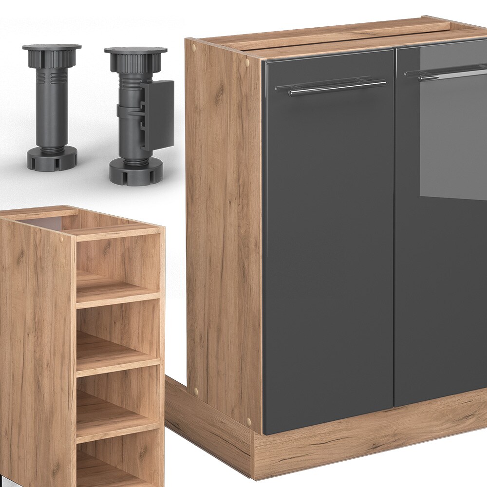 Vicco Kücheninsel Küchenblock Einbauküche Fame-Line Eiche Anthrazit 90 cm modern Hochglanz Küchen Schränke Regalunterschrank Küchenunterschrank Regalinselunterschrank Softclose-Scharnier Küchenmöbel