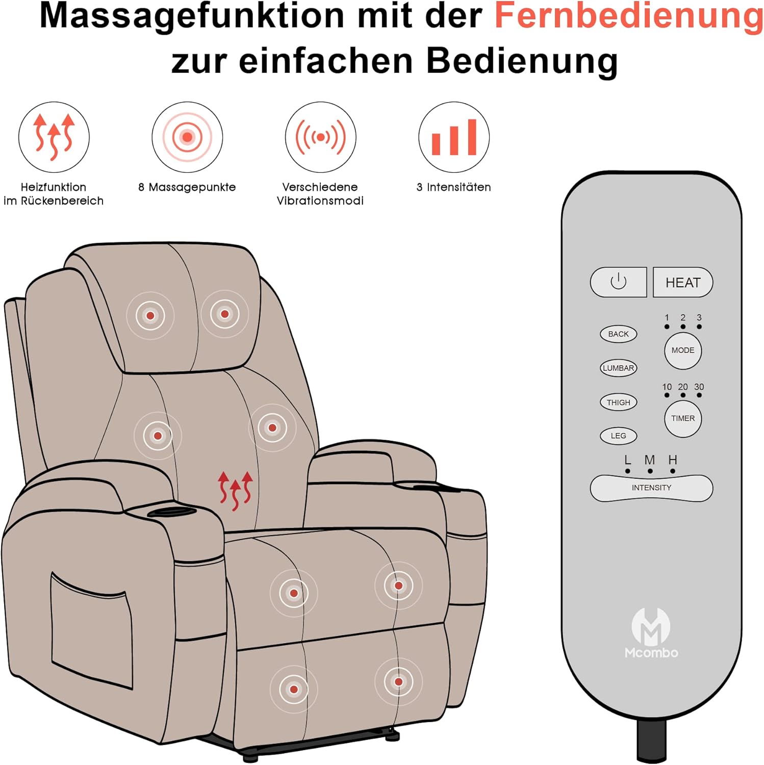 M MCombo Elektrisch Relaxsessel Massagesessel Fernsehsessel Liegefunktion Vibration Heizung 7061 neues Modell (Dunkelgrau -Mikrofaser)