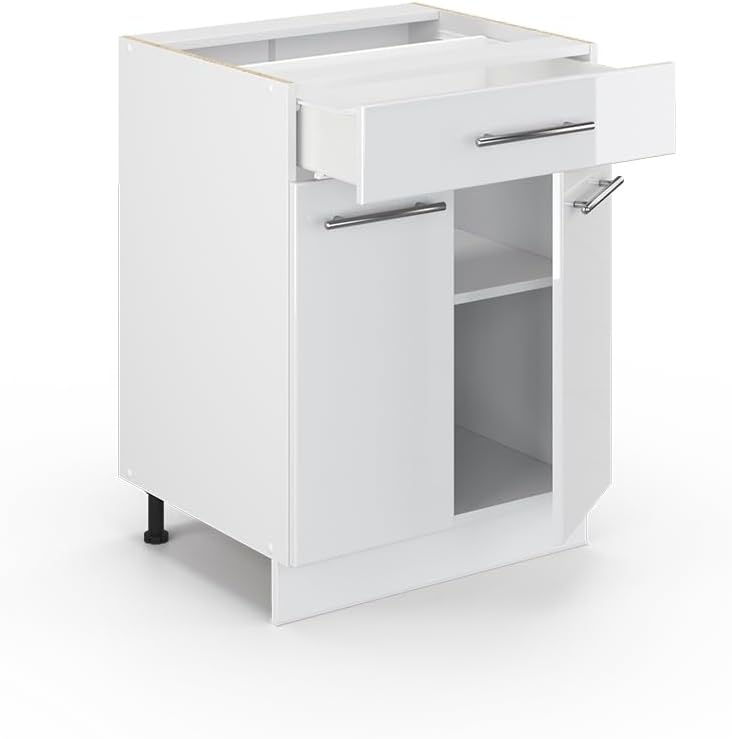 Vicco Küchenunterschrank Fame-Line, Weiß Hochglanz/Weiß, 60 cm mit Schublade, ohne Arbeitsplatte