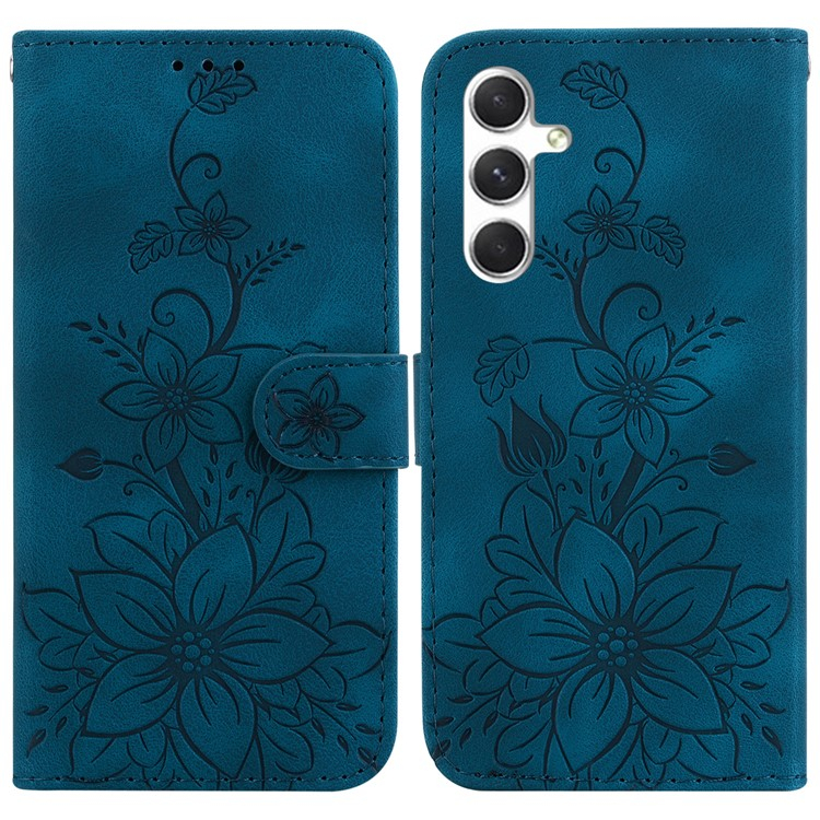 Samsung Galaxy S25 Leder Tasche Wallet - Blumen Imprint - Dunkelblau