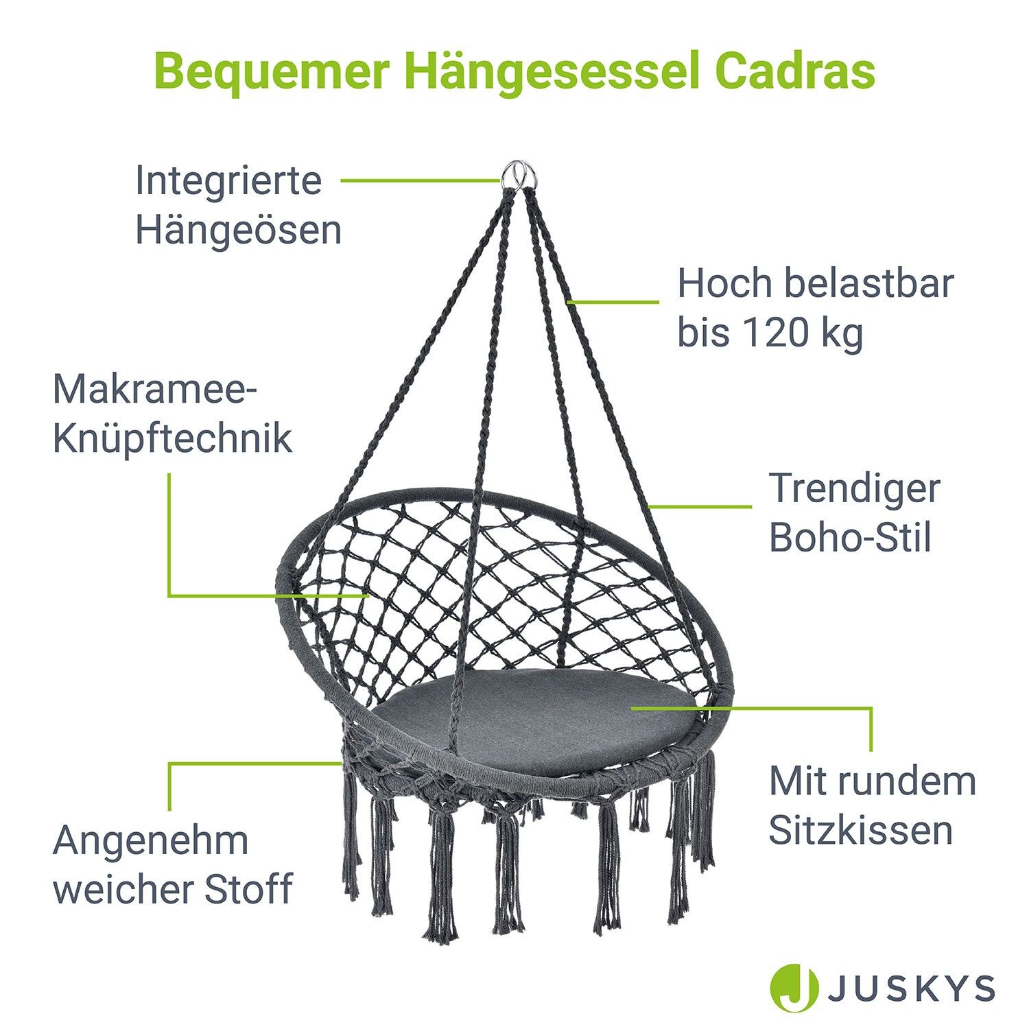Juskys Hängesessel Cadras anthrazit - 60 cm breites Kissen –Indoor Hängekorb 120 kg Belastbarkeit
