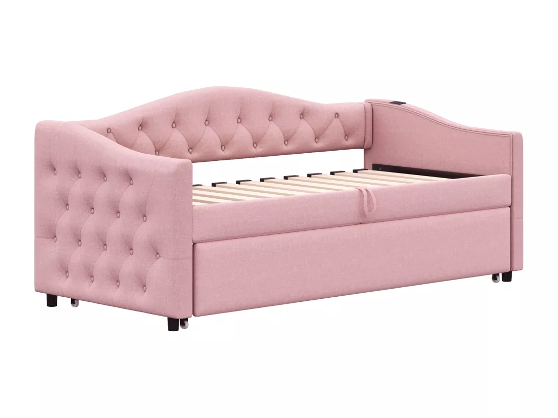 Lit gigogne 90x200cm & 90x190cm en lin - avec port USB et sommier à lattes - Rose