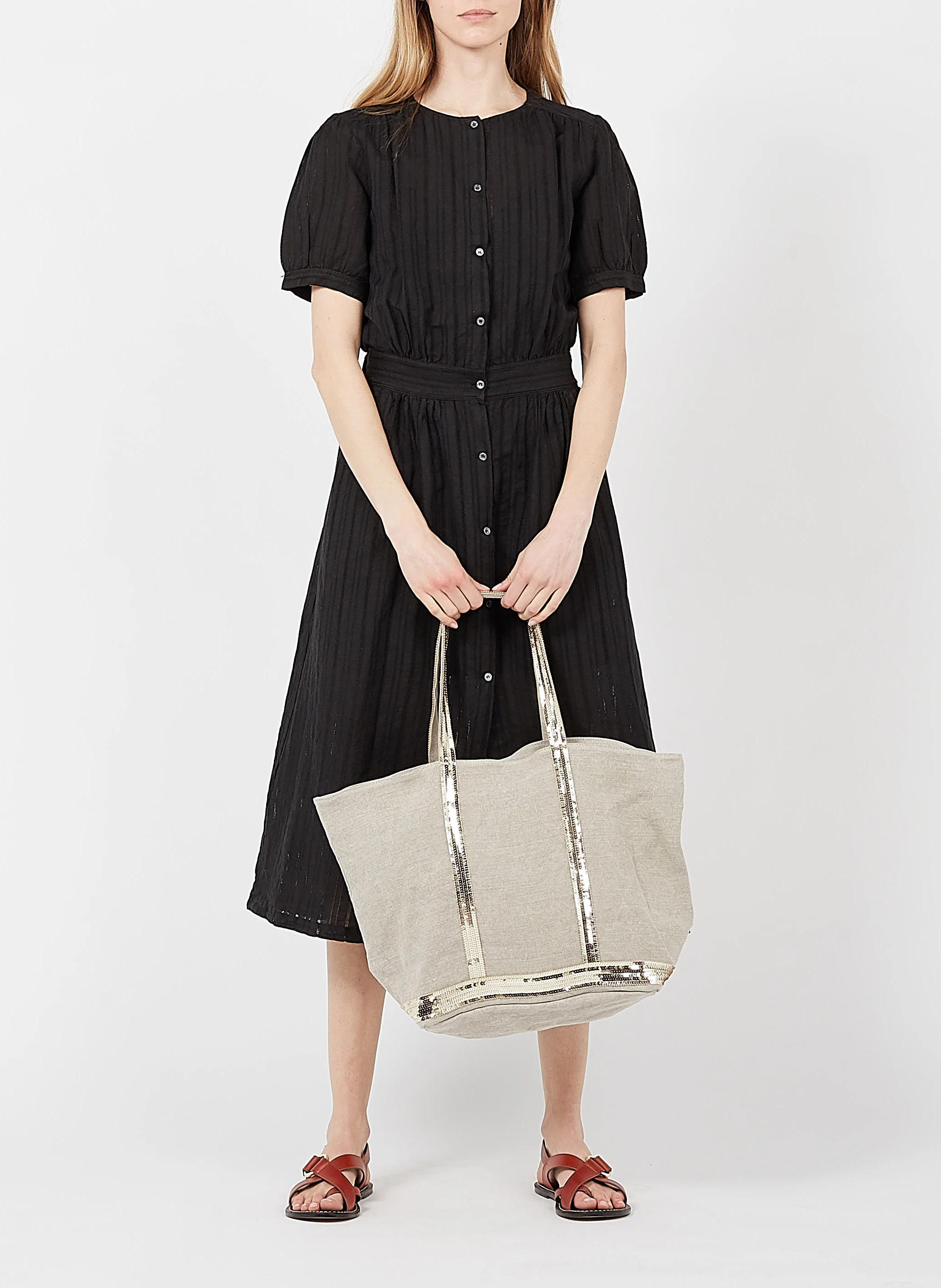Cabas L brodé avec sequins en lin | Beige