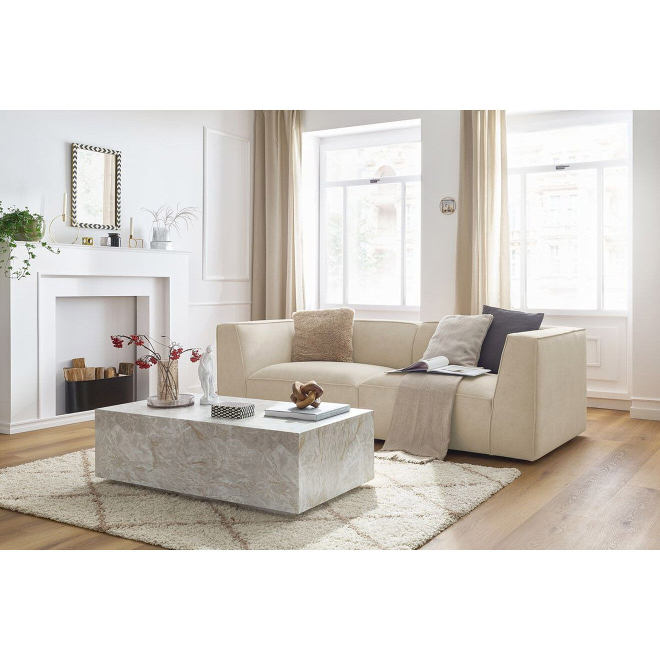 Bobochic Canapé droit fixe 3 places en Velours Molière beige - 233x99x71 cm