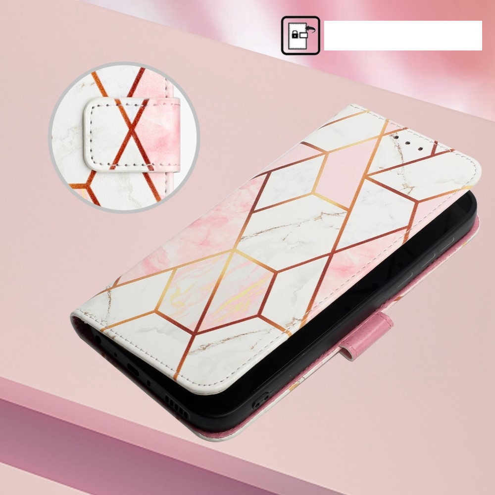 iPhone SE (2022/2020) / 8 / 7 / 6S Leder Tasche mit Kartenfach   Handschlaufe Geometrisches Muster - Rosa / Weiss