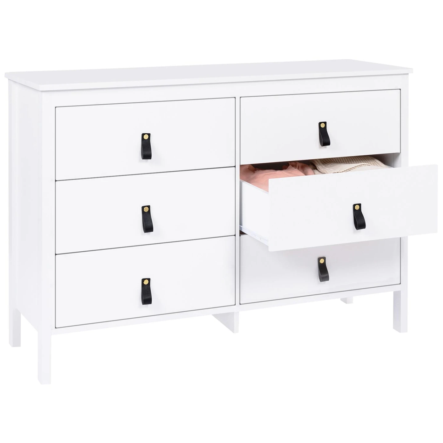 Commode 6 tiroirs MILANO 115 cm bois blanc avec poignée languette noire