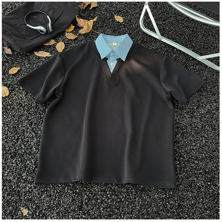 Mimiyox - Mock tweedelig T-shirt met korte mouwen en strepenkraag