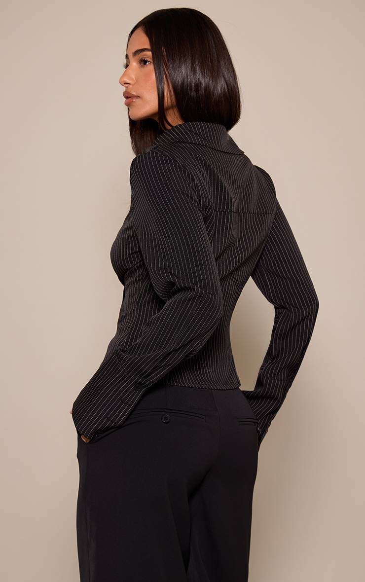 Noir Chemise Petite À Rayures Fines Avec Fronces Sur Le Buste Et Boutonnage
