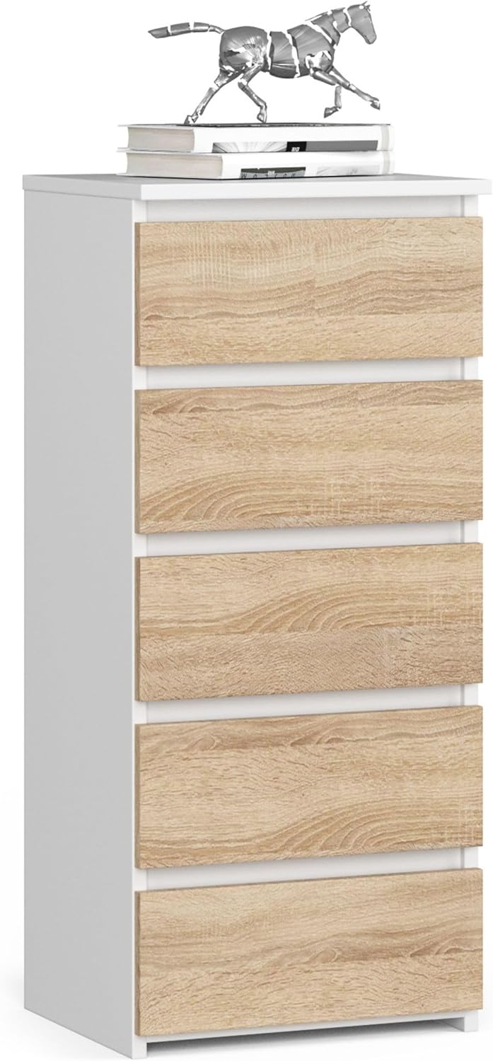 Kommode mit 5 Schubladen Kommode Schlafzimmer Flur Wohnzimmer Organizer Kommode mit Schubladen 40 cm breit 92 cm hoch | weiß-sonoma Eiche Highboard Sideboard Mehrzweckschrank Schrank schmal